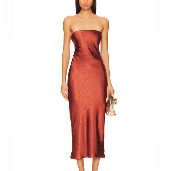 NWT More To Come Emma Strapless Maxi Dress Chocolate satin strapless Revolve S - Picture 1 of 8